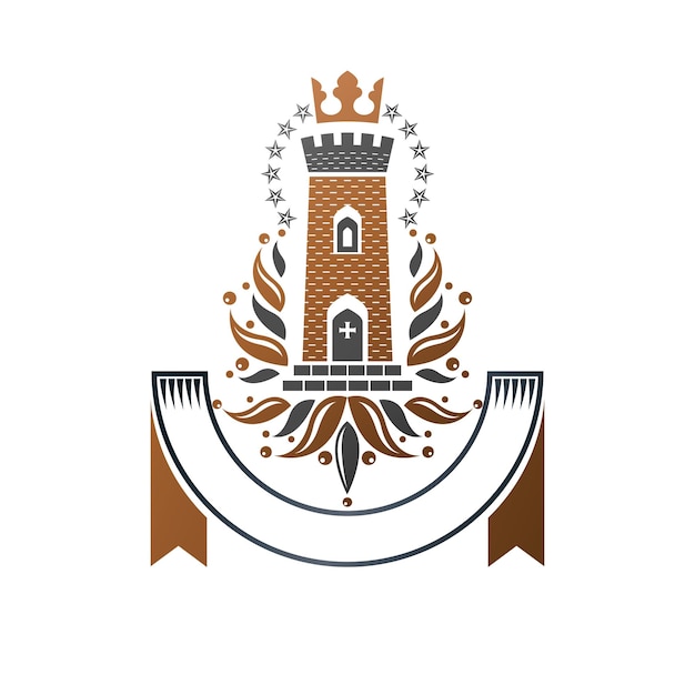 Emblema de la antigua fortaleza. escudo de armas heráldico, logo vector vintage. logotipo adornado en estilo antiguo sobre fondo blanco aislado.