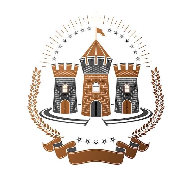 Emblema de la antigua fortaleza. Escudo de armas heráldico, logo vector vintage. Logotipo antiguo en estilo antiguo sobre fondo blanco aislado.