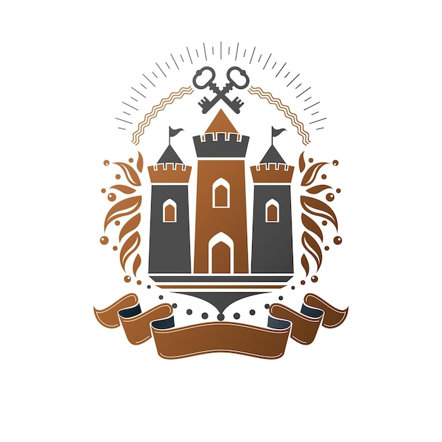 Emblema del antiguo castillo. Logotipo decorativo del escudo de armas heráldico aislado ilustración vectorial. Logotipo retro en estilo antiguo sobre fondo blanco.