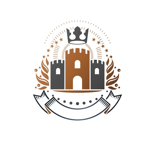 Emblema del antiguo castillo. El logotipo decorativo heráldico del escudo de armas aisló el ejemplo del vector. Logotipo antiguo en estilo antiguo sobre fondo blanco.