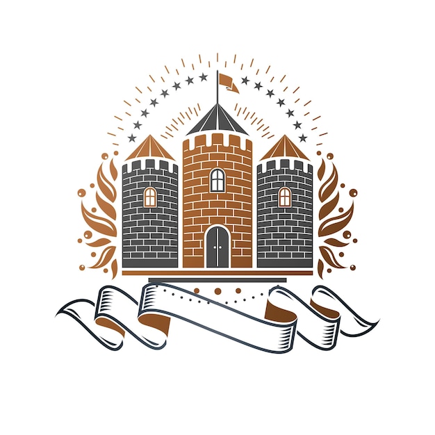 Emblema del antiguo castillo. el logotipo decorativo heráldico del escudo de armas aisló el ejemplo del vector. logotipo antiguo en estilo antiguo sobre fondo blanco.