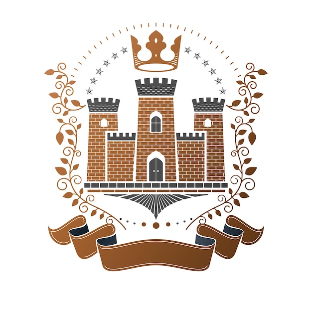 Emblema del antiguo castillo. El logotipo decorativo heráldico del escudo de armas aisló el ejemplo del vector. Logotipo antiguo en estilo antiguo sobre fondo blanco.