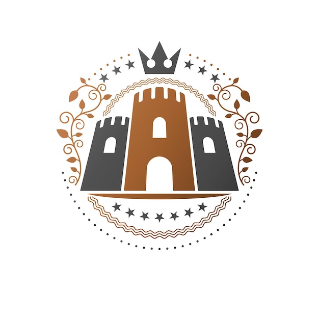 Emblema del antiguo fuerte. Logotipo decorativo del escudo de armas heráldico aislado ilustración vectorial. Logotipo antiguo en estilo antiguo sobre fondo blanco.