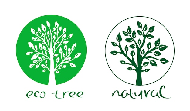 Emblema de árbol vectorial logotipo de iconoilustración vectorial de árbol con hojas verdeslogo hecho a mano para eco