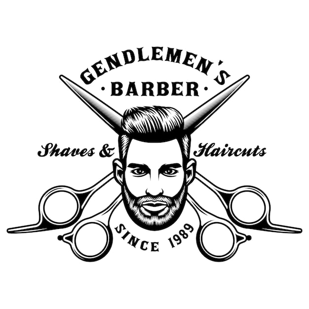 Emblema de barbería con cara de hombre y tijeras