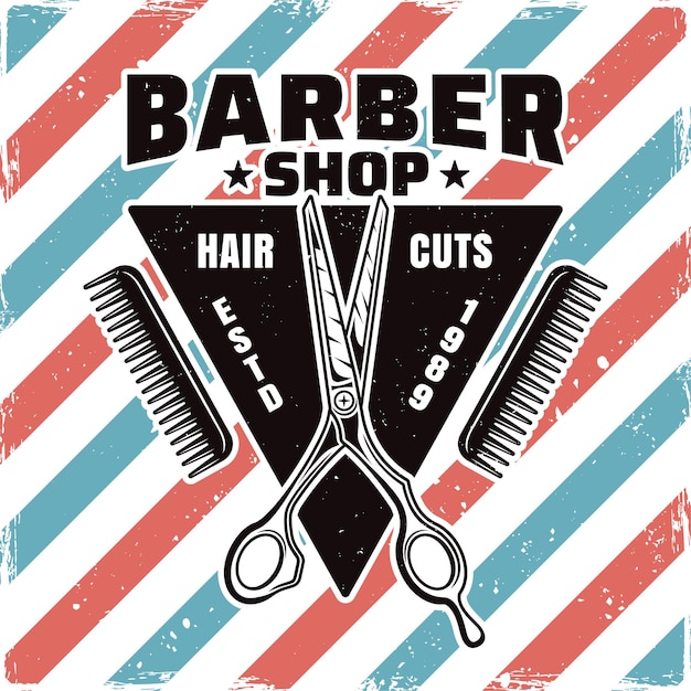 Emblema de barbería, etiqueta, placa o logotipo con tijera. Ilustración aislada con texturas removibles