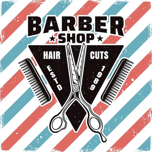 Vector emblema de barbería, etiqueta, placa o logotipo con tijera. ilustración aislada con texturas removibles