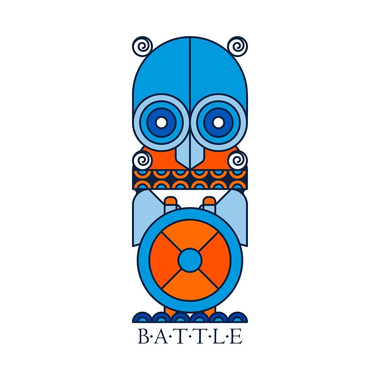Vector emblema de batalla de fantasía del norte con casco de búho vikingo y escudo y hachas