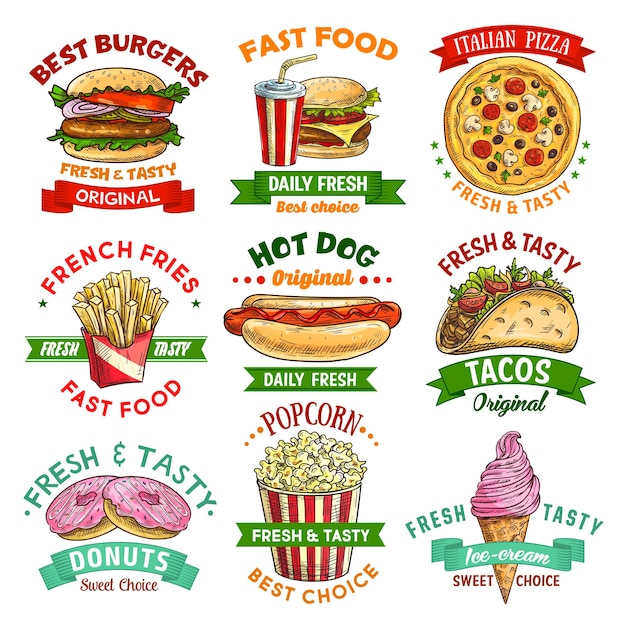 Emblema de boceto de comida rápida con hamburguesa y bebida