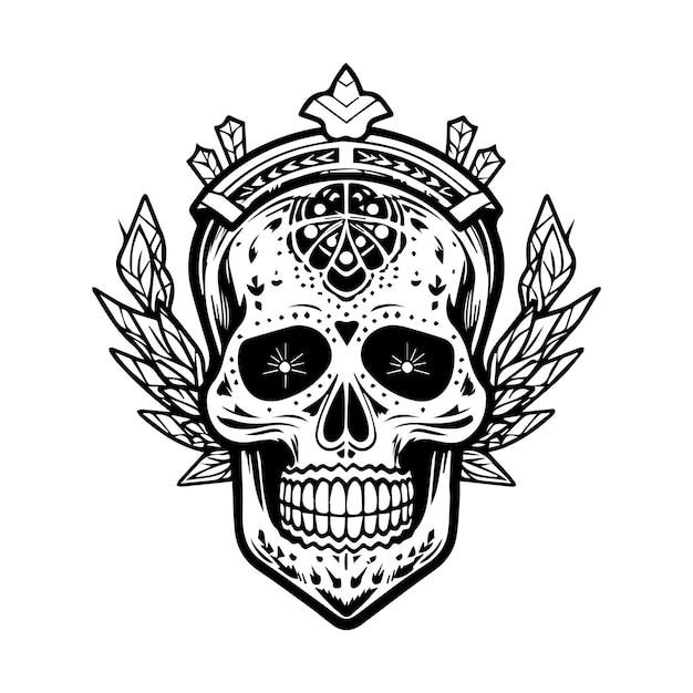 Vector emblema de calavera en blanco y negro con un toque mexicano