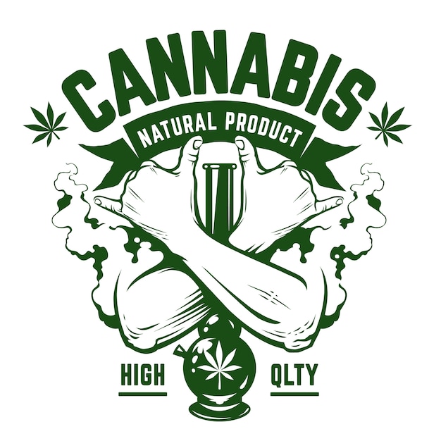 Emblema de cannabis. Emblema monocromático verde con manos cruzadas, bong y humo en blanco. Símbolos rastaman. Arte vectorial.
