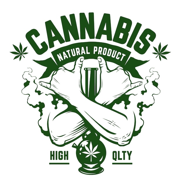 Emblema de cannabis. emblema monocromático verde con manos cruzadas, bong y humo en blanco. símbolos rastaman. arte vectorial.