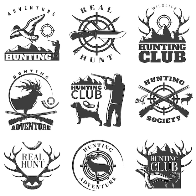 Emblema de caza con club de caza de aventura y descripciones de caza real ilustración vectorial