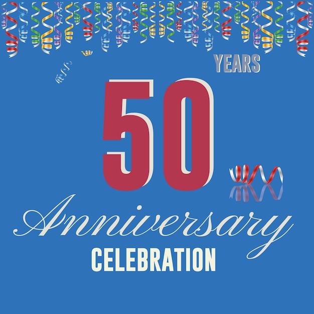 Emblema de celebración del 50 aniversario. Logotipo de aniversario rojo con ilustración de background.vector azul