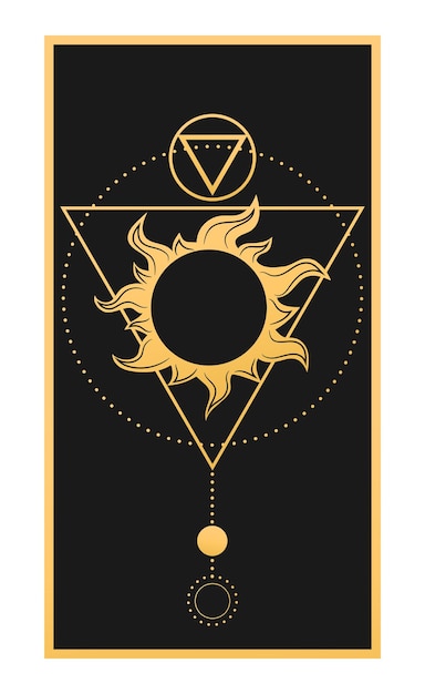 Emblema celeste abstracto con un sol y formas geométricas en fondo negro Ilustración vectorial