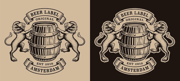 Emblema de cervecería en blanco y negro con un barril y leones