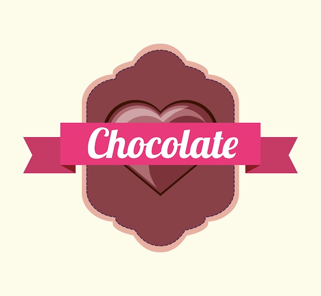 Emblema con cinta decorativa y corazón del icono de chocolate sobre fondo blanco