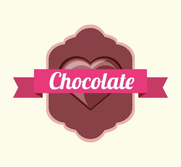 Vector emblema con cinta decorativa y corazón del icono de chocolate sobre fondo blanco