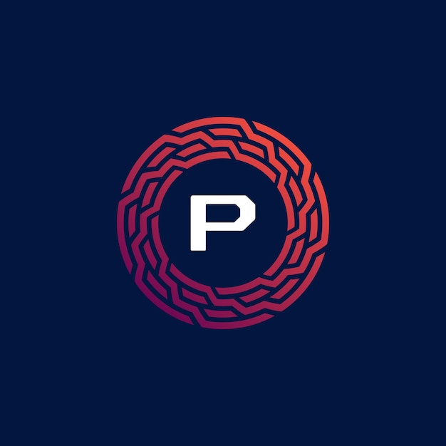 El emblema del círculo tecnológico moderno, la letra P, el logotipo del marco.
