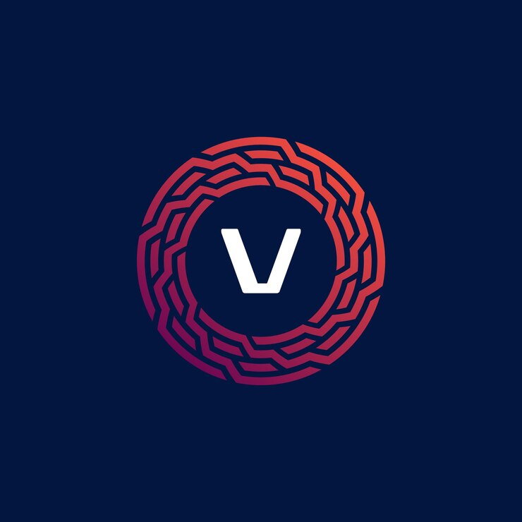 Vector el emblema del círculo tecnológico moderno, la letra v, el logotipo del marco.