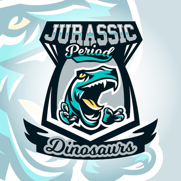 Emblema colorido logo rapaz peligroso listo para atacar garras afiladas dinosaurio del período Jurásico Ilustración vectorial estilo deportivo y dinámico impreso en camisetas