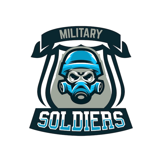 Emblema colorido logotipo cráneo militar en casco y máscara de gas acciones militares conflicto guerra soldado guerrero deporte escudo vector ilustración objetos aislados