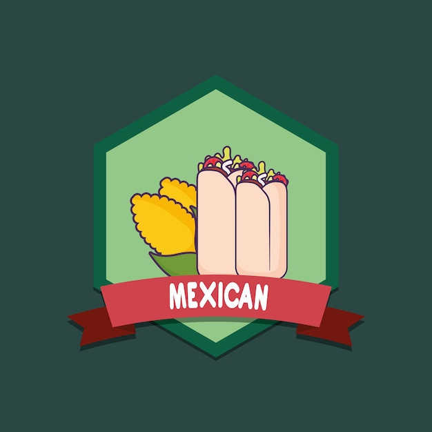 Emblema de la comida mexicana con burritas y granos sobre fondo verde, diseño colorido. vector illustrat