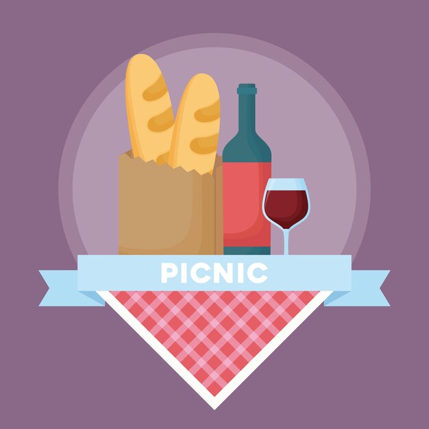 Emblema de comida picnic con pan y botella de vino