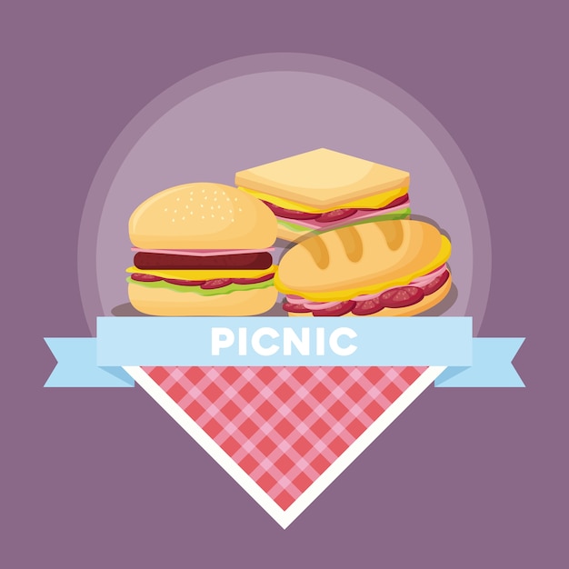 Emblema de comida picnic con sandwiches y hamburguesas