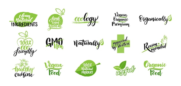 Emblema de comida vegana decorado con hojas verdes. Elemento y icono de producto orgánico, ecológico y natural