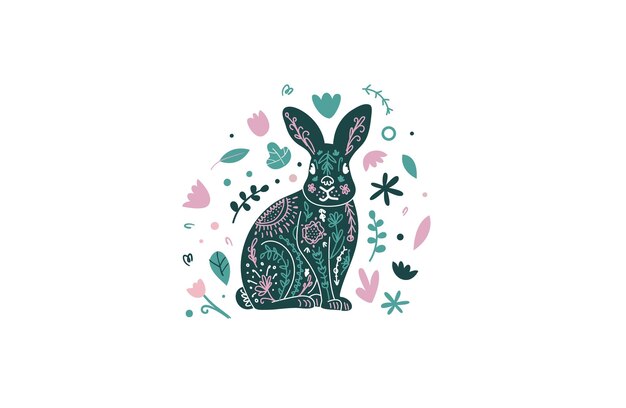 Emblema de conejito floral Lindo conejo escandinavo ilustración de conejito de pascua Vector funky print