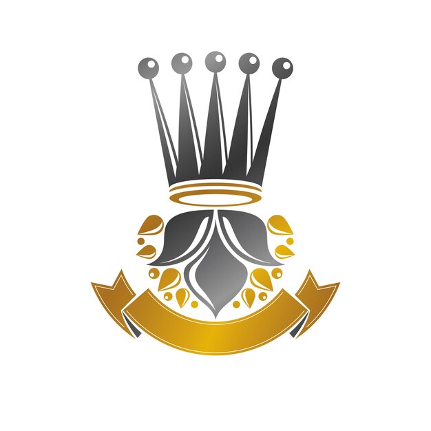 Emblema de la corona real. Elemento de diseño vectorial heráldico. Etiqueta de estilo retro, logotipo de heráldica. Logotipo antiguo aislado sobre fondo blanco.