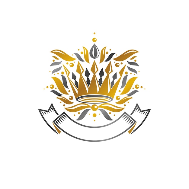 Emblema de la corona real. Elemento de diseño vectorial heráldico. Etiqueta de estilo retro, logotipo de heráldica. Logotipo antiguo aislado sobre fondo blanco.