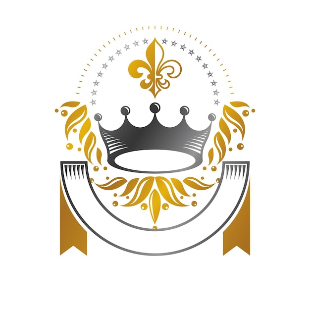 emblema de la corona real. Elemento de diseño vectorial heráldico. Etiqueta de estilo retro, logotipo heráldico. Logotipo adornado aislado sobre fondo blanco.