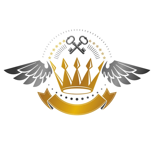 Emblema de la corona real. El logotipo decorativo heráldico del escudo de armas aisló el ejemplo del vector. Logotipo antiguo en estilo antiguo sobre fondo blanco.