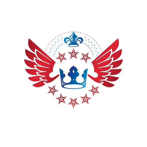 Emblema de la corona real. El logotipo decorativo heráldico del escudo de armas aisló el ejemplo del vector. Logotipo antiguo en estilo antiguo sobre fondo blanco.