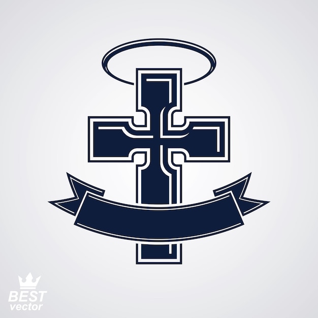 Vector emblema de cruz religiosa con nimbus y cinta decorativa, símbolo de idea espiritual. icono de cristianismo, elemento de diseño web.