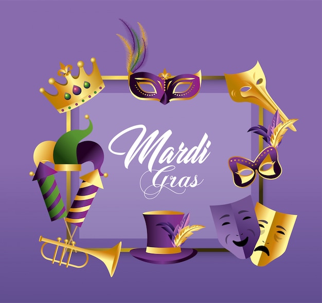 Emblema cuadrado con máscaras y sombrero para merdi gras.