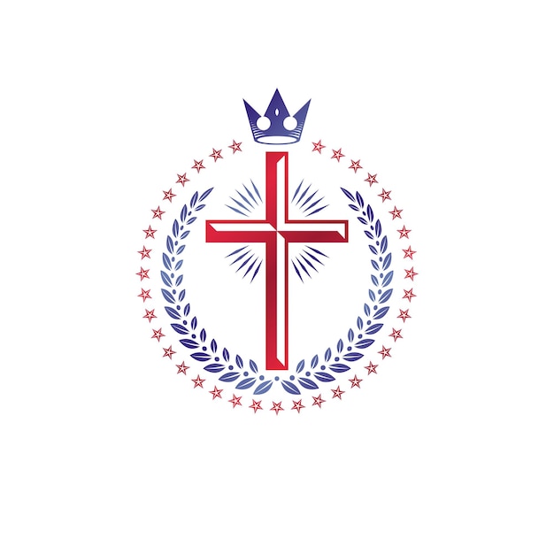 Emblema decorativo de Christian Cross. Elemento de diseño vectorial heráldico compuesto por corona de laurel y corona imperial. Etiqueta de estilo retro, logo heráldico, símbolo religioso vintage.