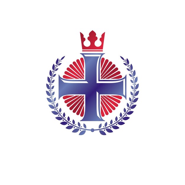 Emblema decorativo de Christian Cross. Elemento de diseño vectorial heráldico compuesto por corona de laurel y corona imperial. Etiqueta de estilo retro, logo heráldico, símbolo religioso vintage.