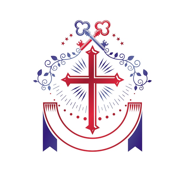 Emblema decorativo Cruz Cristiana compuesto por llaves de seguridad. Elemento de diseño vectorial heráldico. Logotipo de estilo retro, símbolo vintage religioso. La fe es una clave para la salvación.