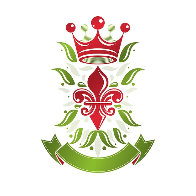 Emblema decorativo del escudo heráldico con flor de lirio y corona real, producto ecológico. Ilustración de vector aislado, Fleur-De-Lis.