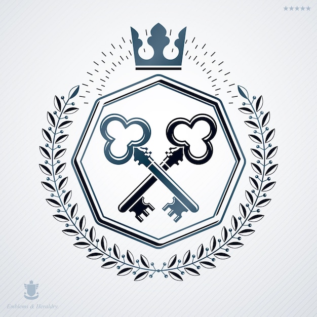 Emblema decorativo heráldico del escudo de armas, ilustración vectorial de la corona imperial y llaves de seguridad
