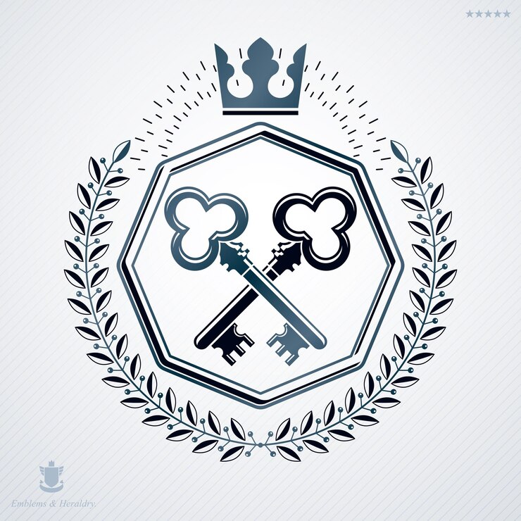 Vector emblema decorativo heráldico del escudo de armas, ilustración vectorial de la corona imperial y llaves de seguridad