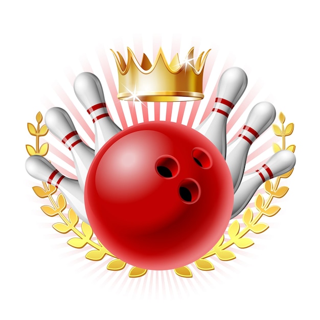 Vector emblema del deporte de bolos con bolos de bola roja brillante y corona dorada del ganador