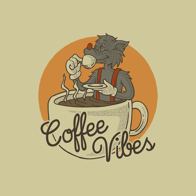 Emblema de dibujos animados de lobo bebiendo dentro de la mascota de la copa con estilo retro