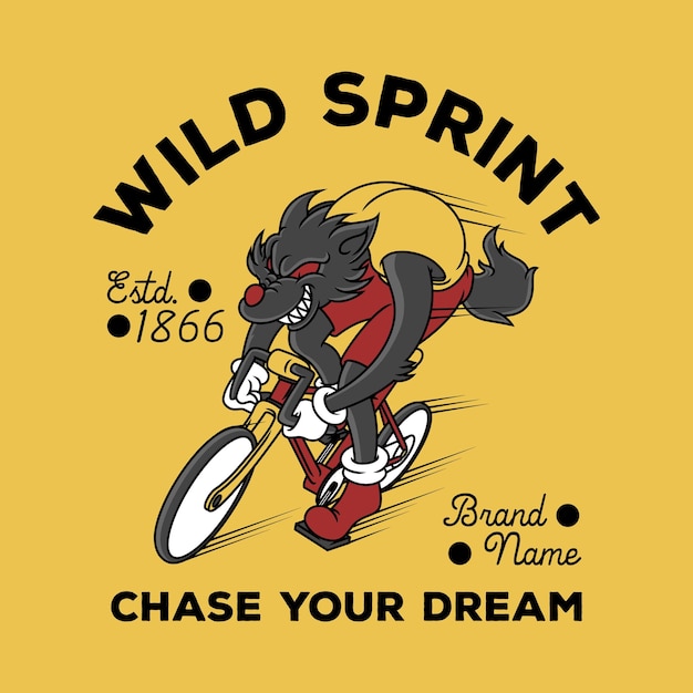 Emblema de dibujos animados de lobo montando una bicicleta de carretera con estilo retro