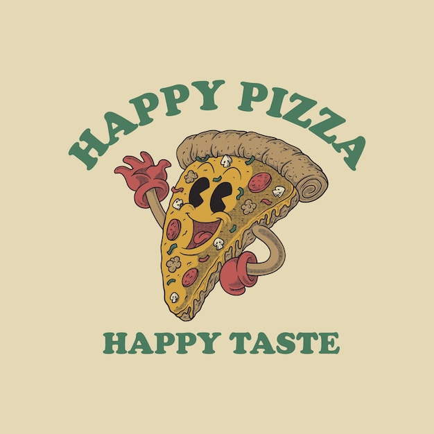 Emblema de dibujos animados de pizza feliz con estilo retro