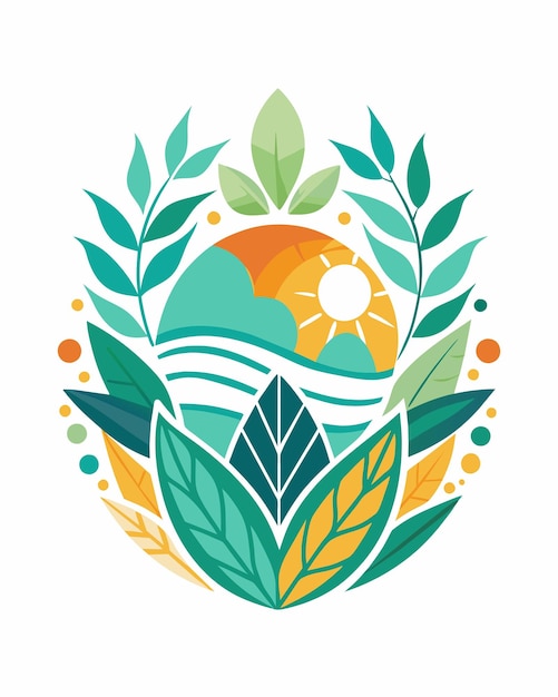 Vector emblema de ecología con hojas y sol icono aislado diseño de ilustración vectorial