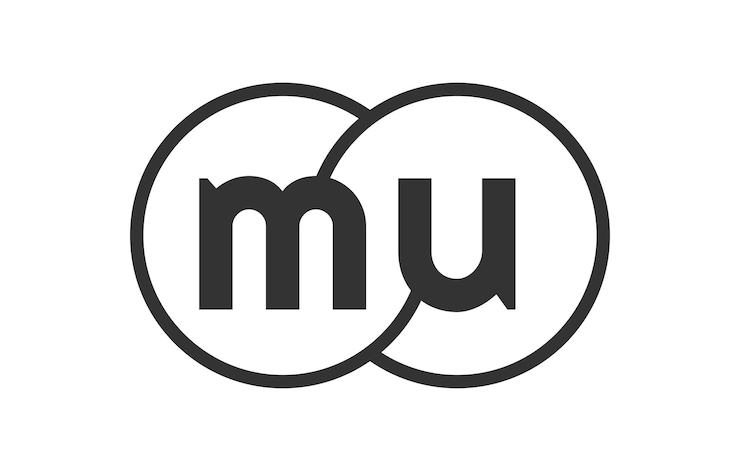 Vector emblema de la empresa comercial mu con contornos redondos y letras m u plantilla de logotipo de dos círculos fusionados para el logotipo de identidad de marca vector símbolo de infinidad